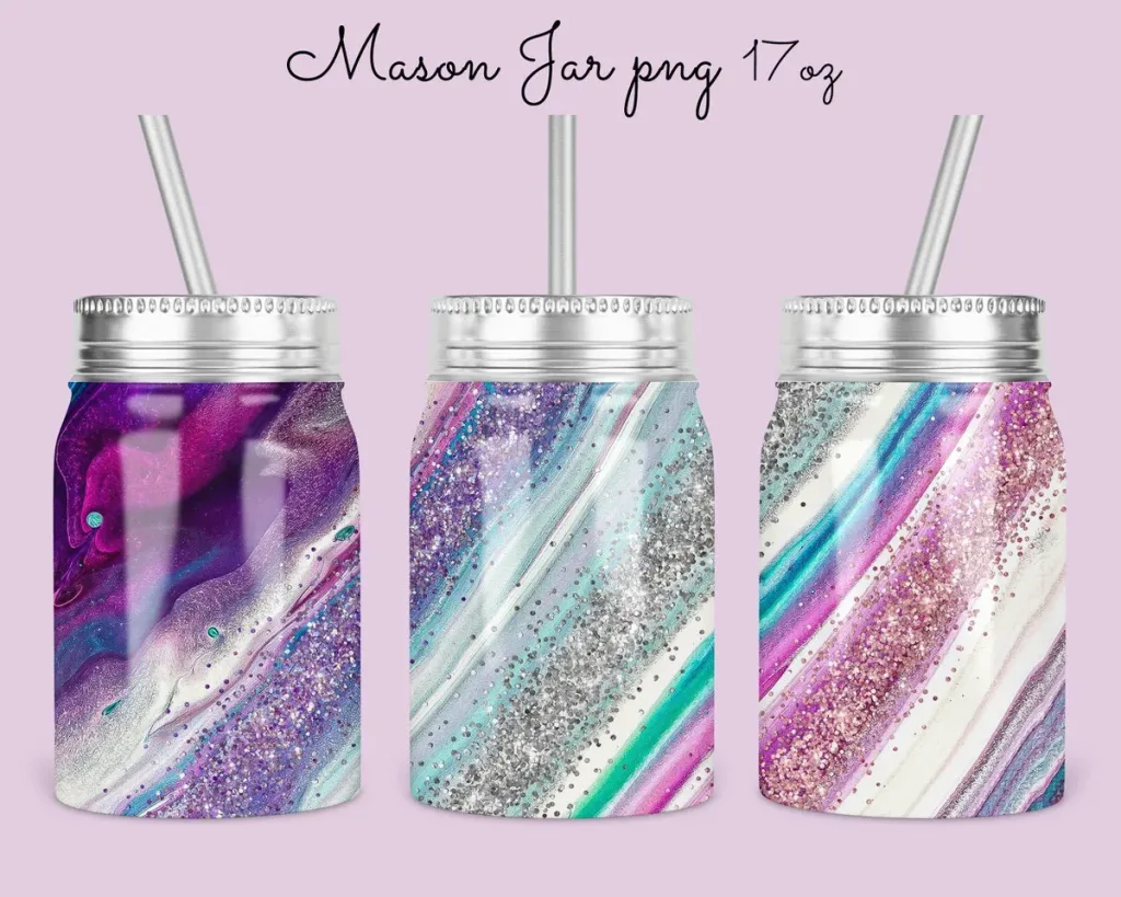 Free 17oz Mason Jar Tumbler Sublimation Design Template, Multi color marble Glitter Design, purple glitter jar Digital Instant Download PNG