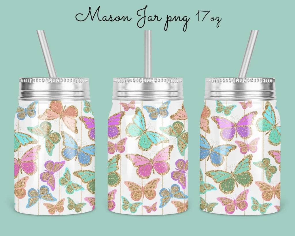 Free 17oz Mason Jar Tumbler Sublimation Design Template, Butterfly Glitter Design, colorful butterflies sublimate Digital Instant Download PNG
