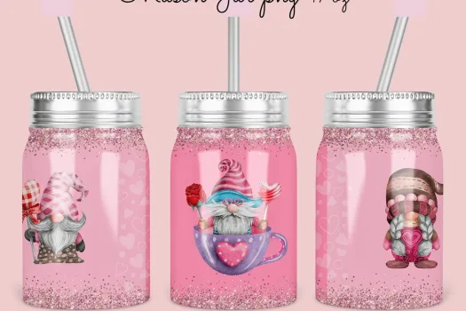 Free 17oz Mason Jar Valentine Tumbler Sublimation Design Template, 3 gnomes love design, valentine's day jar Digital Instant Download PNG