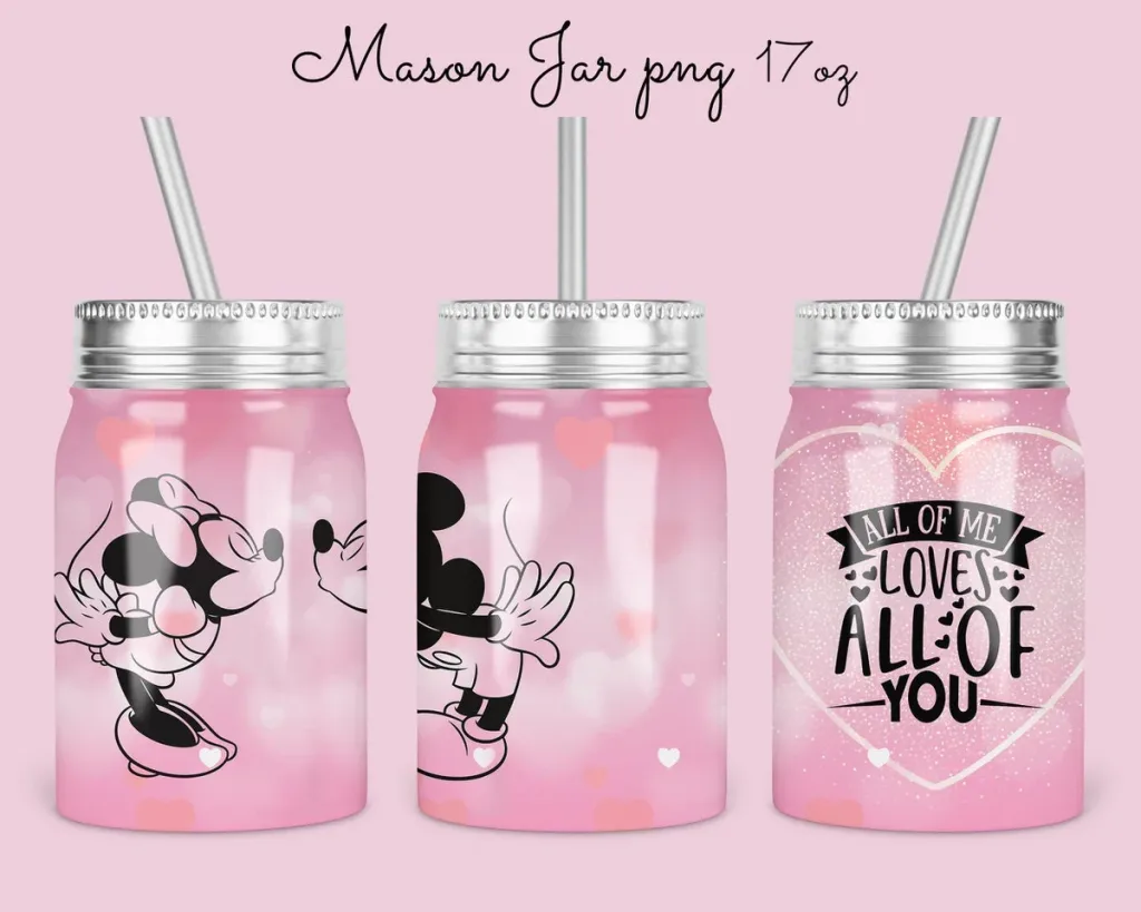 Free 17oz Mason Jar Valentine Tumbler Sublimation Design Template, mickey minnie love design, valentine's day jar Digital Instant Download PNG
