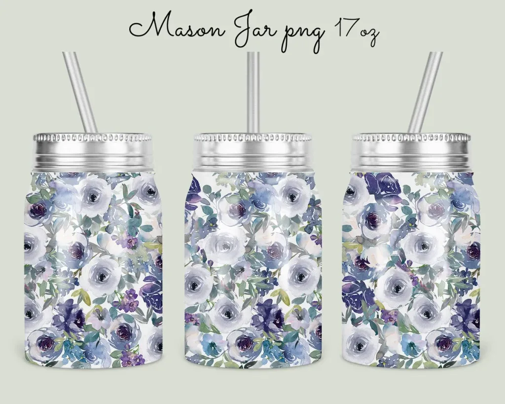 Free 17oz Mason Jar Tumbler Sublimation Design Template, floral Design, blue WaterColor jar Sublimate Digital Instant Download PNG
