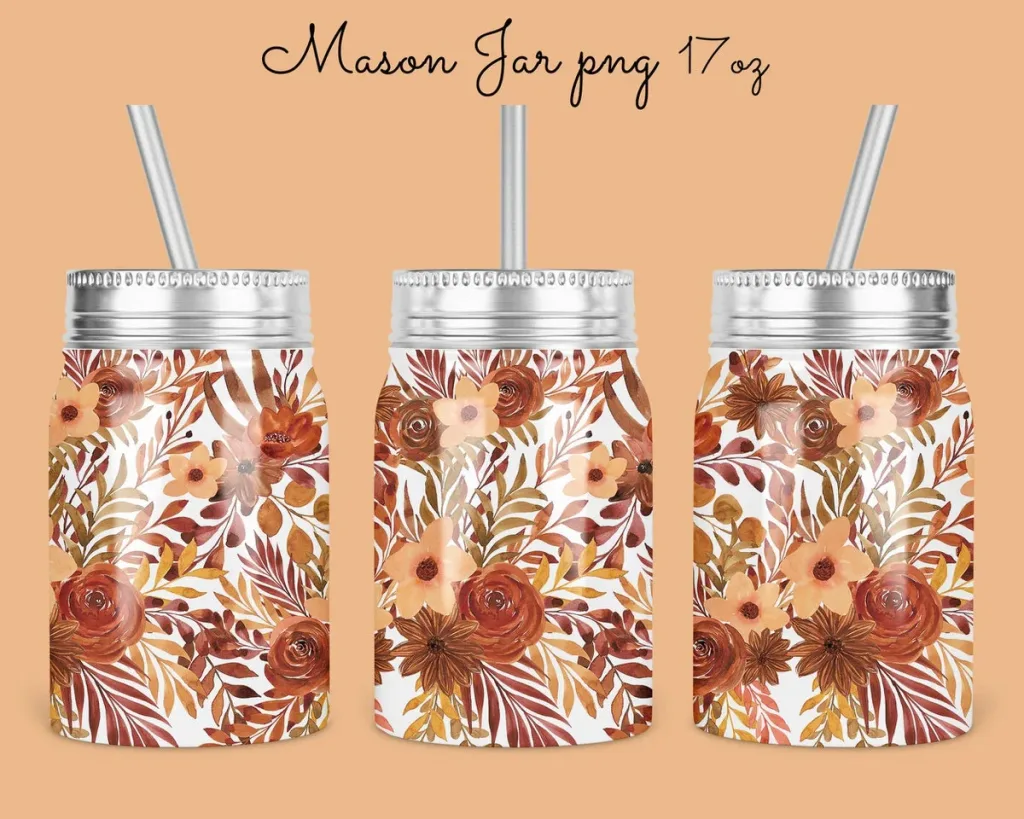 Free 17oz Mason Jar Tumbler Sublimation Design Template, brown floral mason Jar Design to Sublimate Digital Instant Download PNG