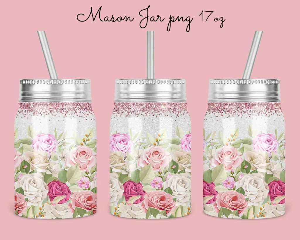 Free 17oz Mason Jar Tumbler Sublimation Design Template, pink floral glitter mason Jar Design to Sublimate Digital Instant Download PNG