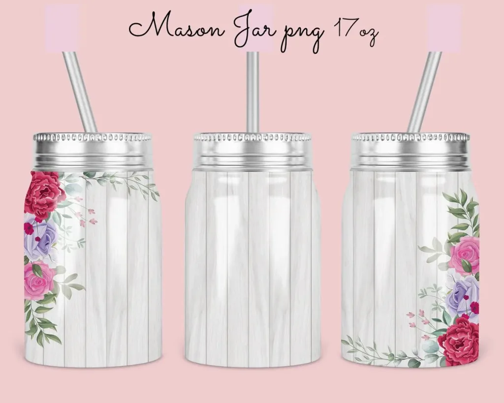 Free 17oz Mason Jar Tumbler Sublimation Design Template, wooden floral glitter Jar Design to Sublimate Digital Instant Download PNG