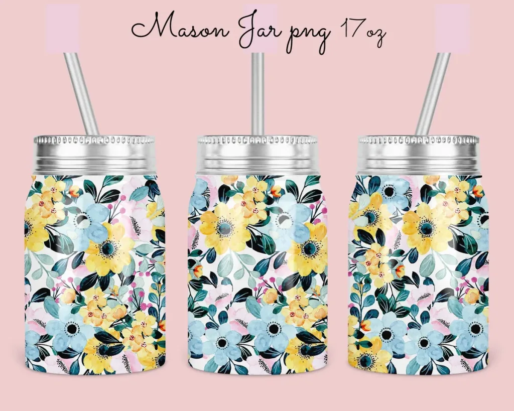 Free 17oz Mason Jar Tumbler Sublimation Design Template, yellow blue floral Jar Design to Sublimate Digital Instant Download PNG