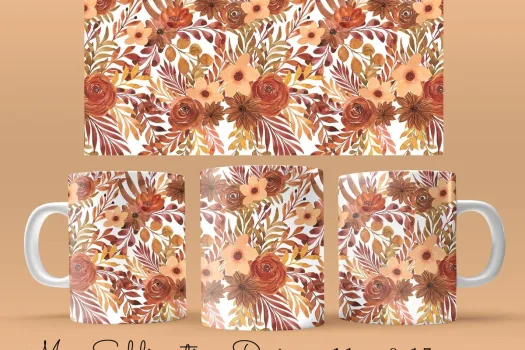Free 11oz & 15oz brown Floral Mug Sublimation Template - Cricut Mug Press Sublimation Wrap designs - floral Mug PNG download 2022