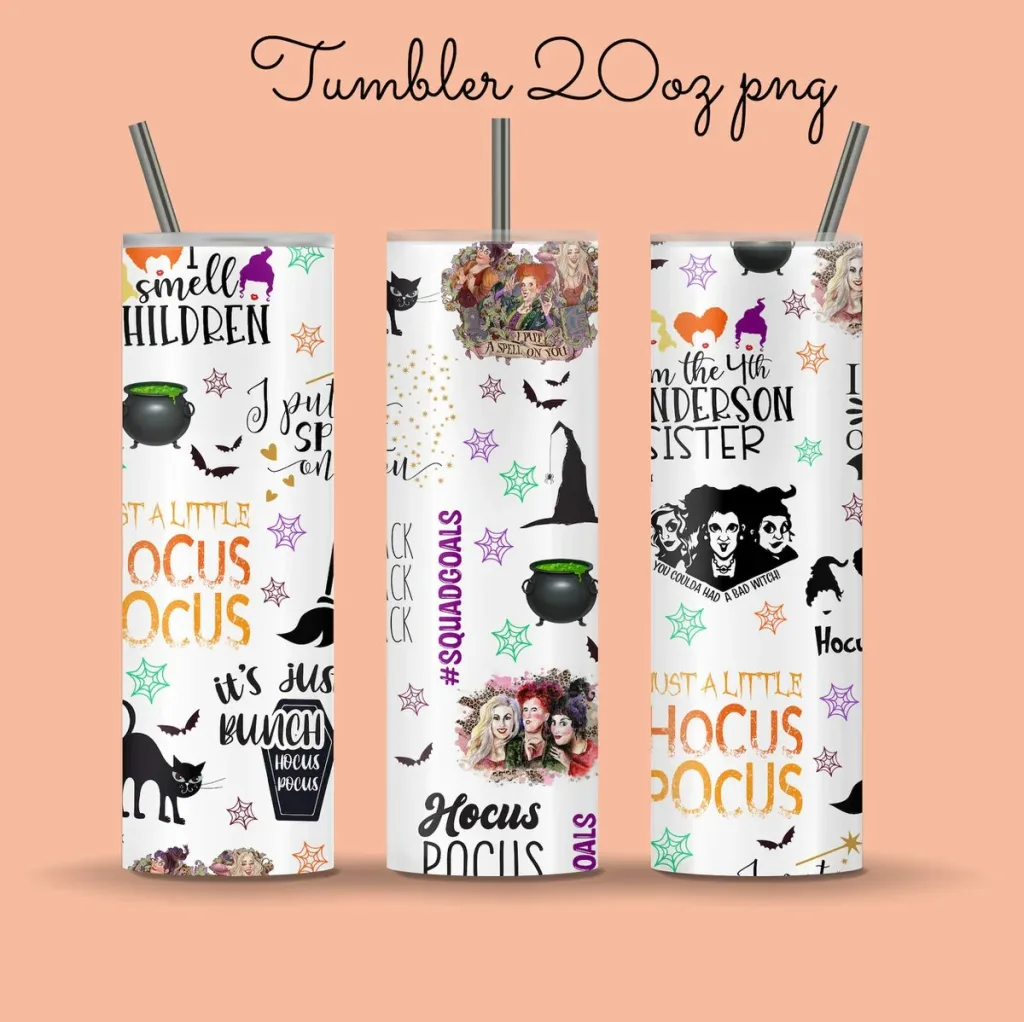 Free 20oz skinny tumbler sublimation png Sublimation Designs Downloads hocus pocus elements tumbler ready to press straight tapered full wrap png