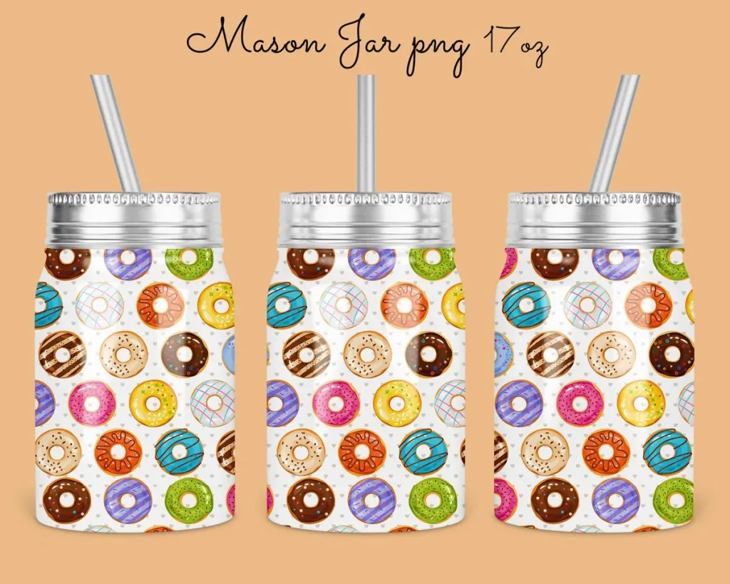 Free 17oz Mason Jar Tumbler Sublimation Design Template, colorful Donuts on jar design to sublimate, Digital Instant Download PNG
