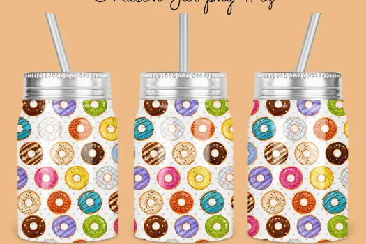 Free 17oz Mason Jar Tumbler Sublimation Design Template, colorful Donuts on jar design to sublimate, Digital Instant Download PNG