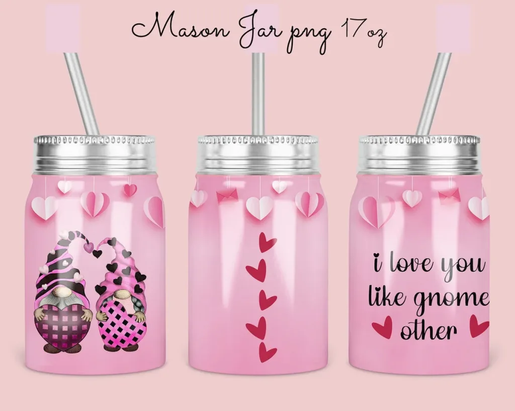 Free 17oz Mason Jar Valentine Tumbler Sublimation Design Template, gnomes love  design, valentine's day jar Digital Instant Download PNG