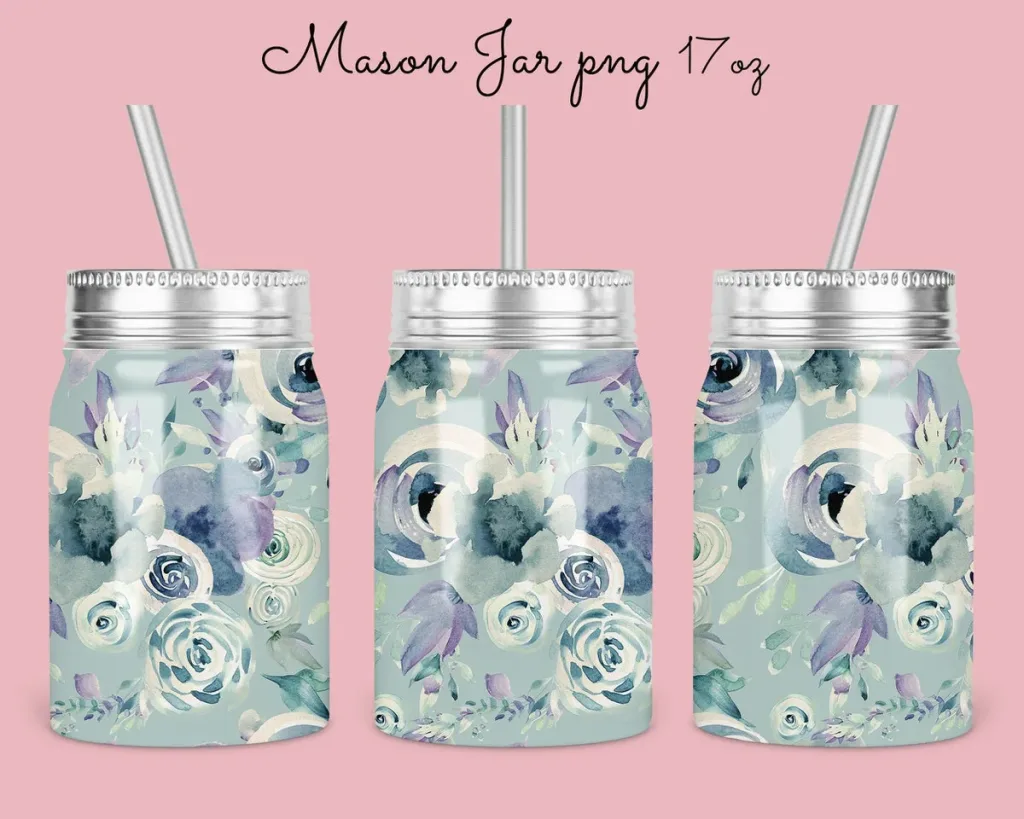 Free 17oz Mason Jar Tumbler Sublimation Design Template, pale blue floral mason Jar Design to Sublimate Digital Instant Download PNG