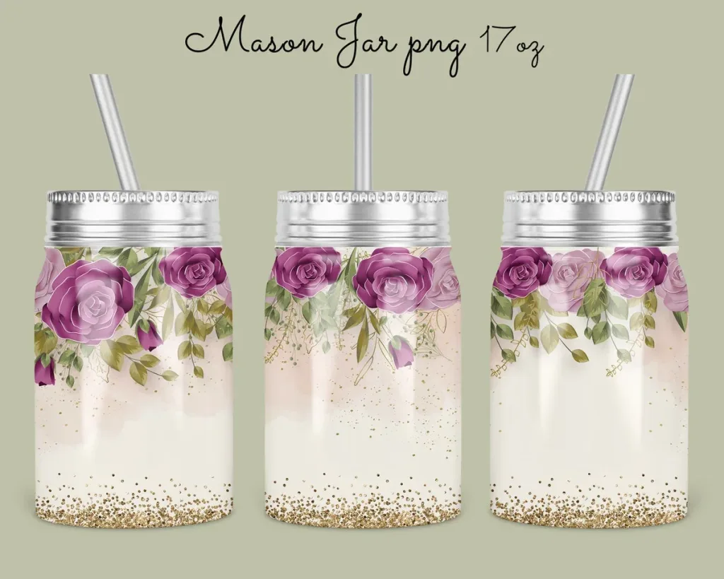 Free 17oz Mason Jar Tumbler Sublimation Design Template, violet floral glitter Jar Design to Sublimate Digital Instant Download PNG