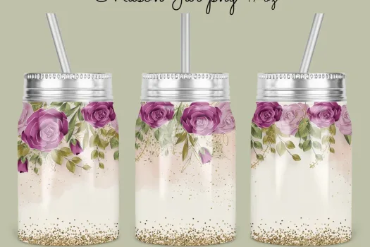 Free 17oz Mason Jar Tumbler Sublimation Design Template, violet floral glitter Jar Design to Sublimate Digital Instant Download PNG