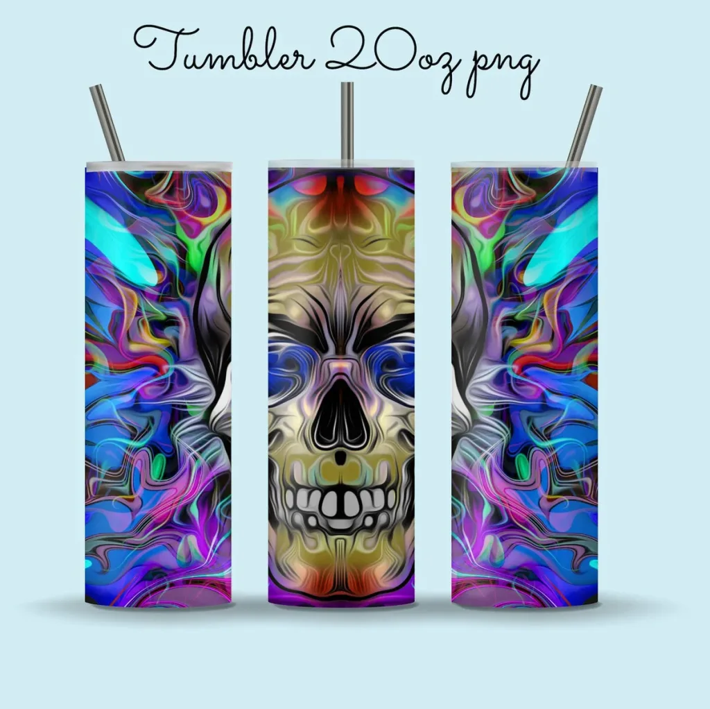 Free 20oz skinny tumbler sublimation png | Sublimation Designs Downloads colorful skull creative straight and tapered full tumbler wrap download