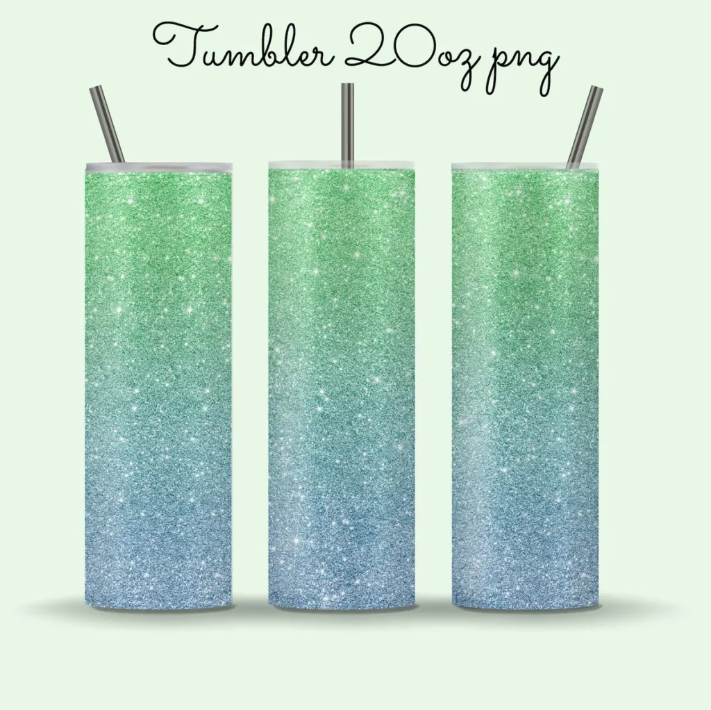Free 20oz skinny tumbler sublimation png Sublimation Designs Downloads green blue ombre glitter tumbler ready to press straight tapered full wrap