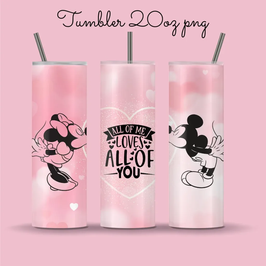 Free 20oz skinny valentine tumbler png | Sublimation Designs Mickey and Minnie kiss straight and tapered love tumbler full wrap download