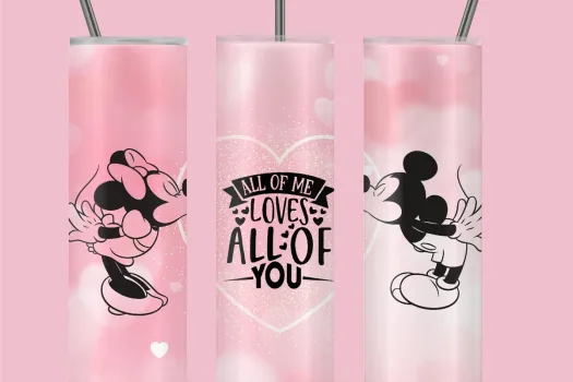 Free 20oz skinny valentine tumbler png | Sublimation Designs Mickey and Minnie kiss straight and tapered love tumbler full wrap download