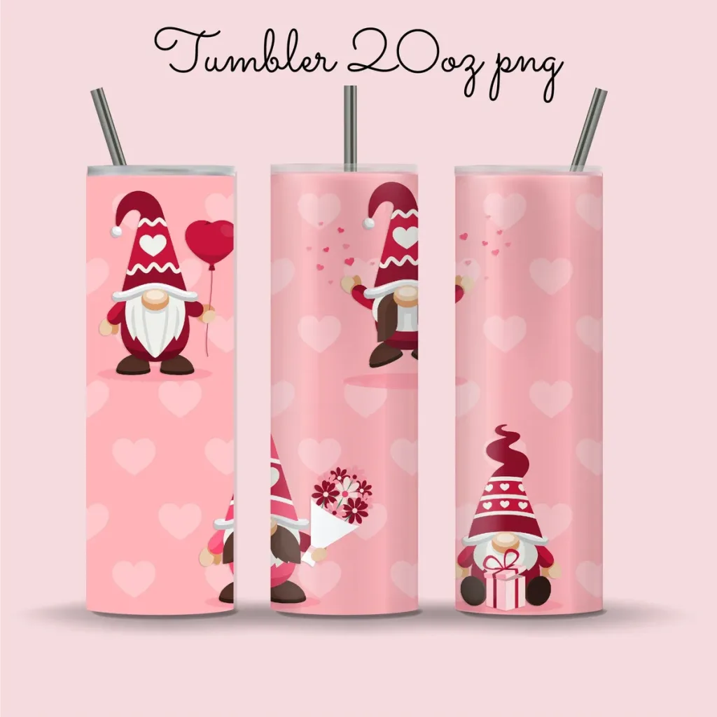 Free 20oz skinny valentine tumbler png | Seam less Sublimation Designs valentines gnome straight and tapered love tumbler full wrap download