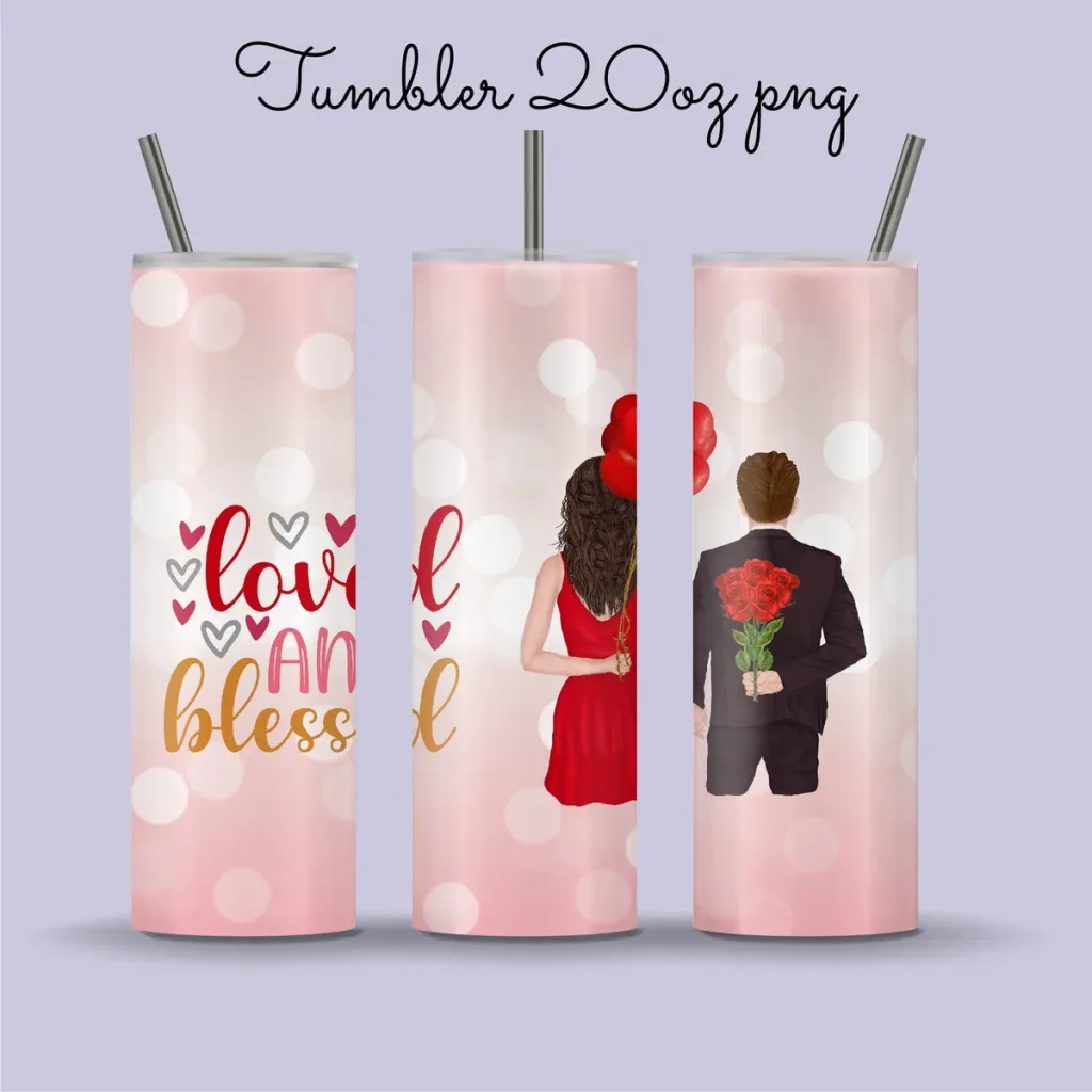 Free 20oz skinny valentine tumbler png | Seam less Sublimation Designs valentines blessed couple straight and tapered love tumbler full wrap