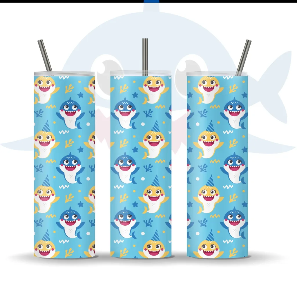 Free Baby Shark blue yellow template for Straight / Tapered skinny Tumbler full wrap 20 oz bottle sublimation design  png download