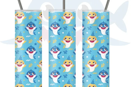 Free Baby Shark blue yellow template for Straight / Tapered skinny Tumbler full wrap 20 oz bottle sublimation design  png download