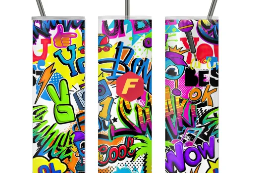 Free Graffiti 80's 90's Pop Culture Comic 20oz Skinny Straight & Tapered tumbler Template for Sublimation, Full Tumbler Wrap, PNG Down