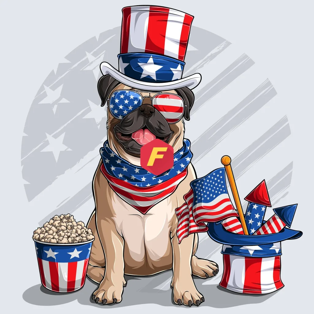 Free Cute beige Pug dog sitting with American independence day 4th Of July Png | DIGITAL FILE