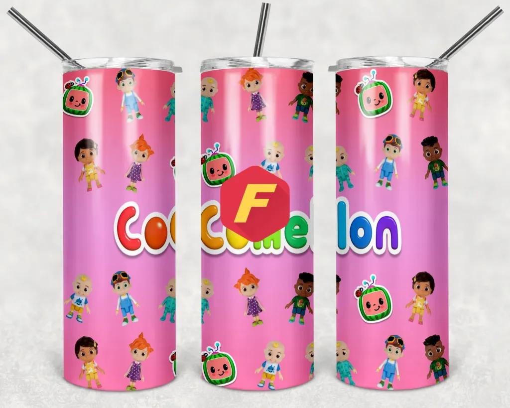 Free Cocomelon cartoon characters Pink - 20oz Straight/ Tapered Tumbler Design Template for Sublimation - Full Tumbler Wrap - PNG Download