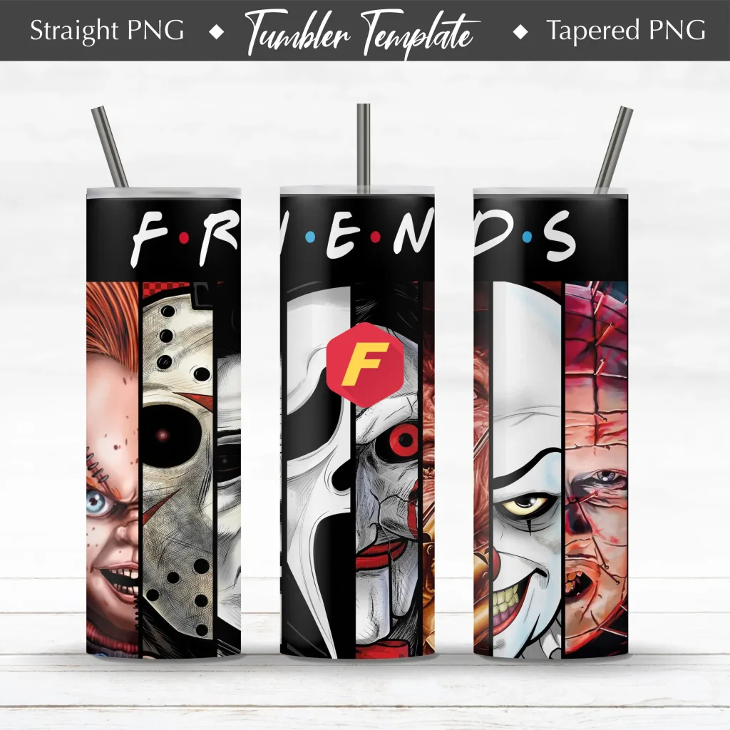 Free Friends Horror Halloween Character 20oz Straight/ Tapered Design Template for Sublimation  Full Tumbler Wrap  Halloween Horror Movie Killers