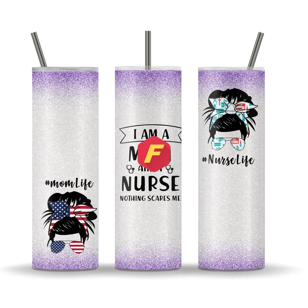 Free I am a mom and nurse nothing scares me mom bun skull 20oz Skinny Straight & Tapered,Design Template for Sublimation, Tumbler Wrap, PNG