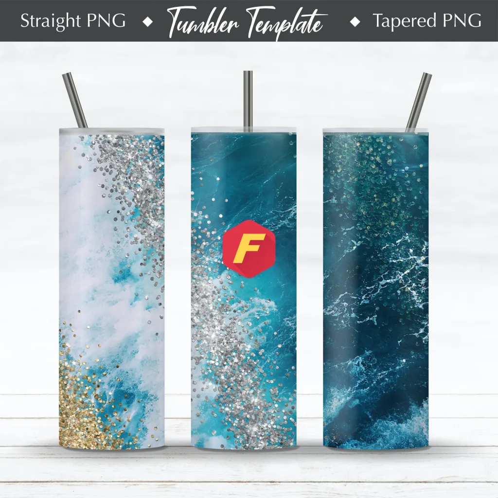 Free Glitter Ocean 20 oz Skinny Tumbler Sublimation Design Template Straight / Tapered Design Digital Download PNG
