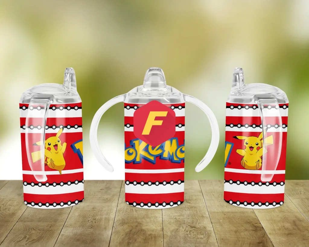 Free Cute Pokemon Pikachu with red white background Sippy cup Template for blank cup Sublimation, Full Wrap, ready to press PNG Download for kids