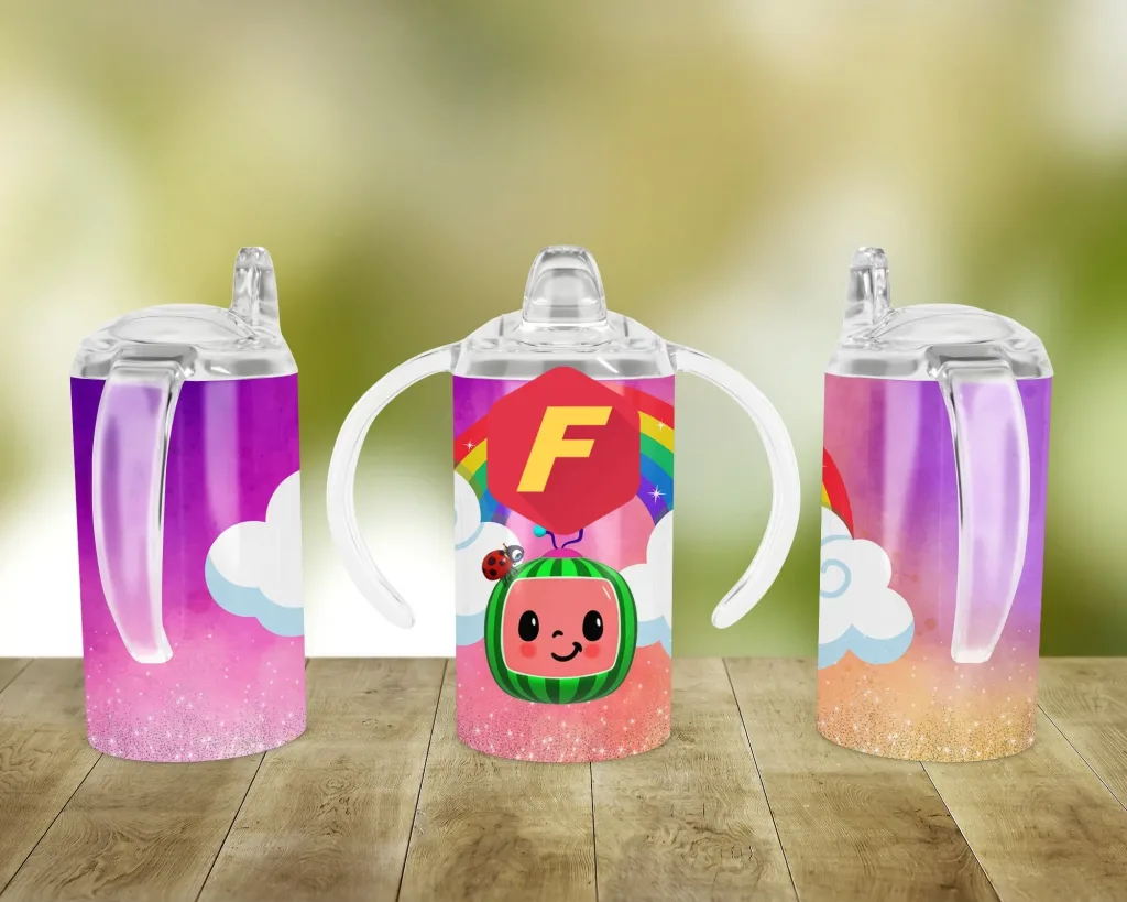 Free Cocomelon  with rainbow in background Sippy cup Template for blank cup Sublimation, Full Wrap, PNG Digital Download for kids