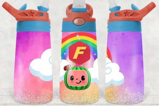 Free Cocomelon with rainbow in background 12oz  Flip top Design, Flip Top Sippy cup Template for Sublimation, Tumbler Wrap, PNG Digital Download