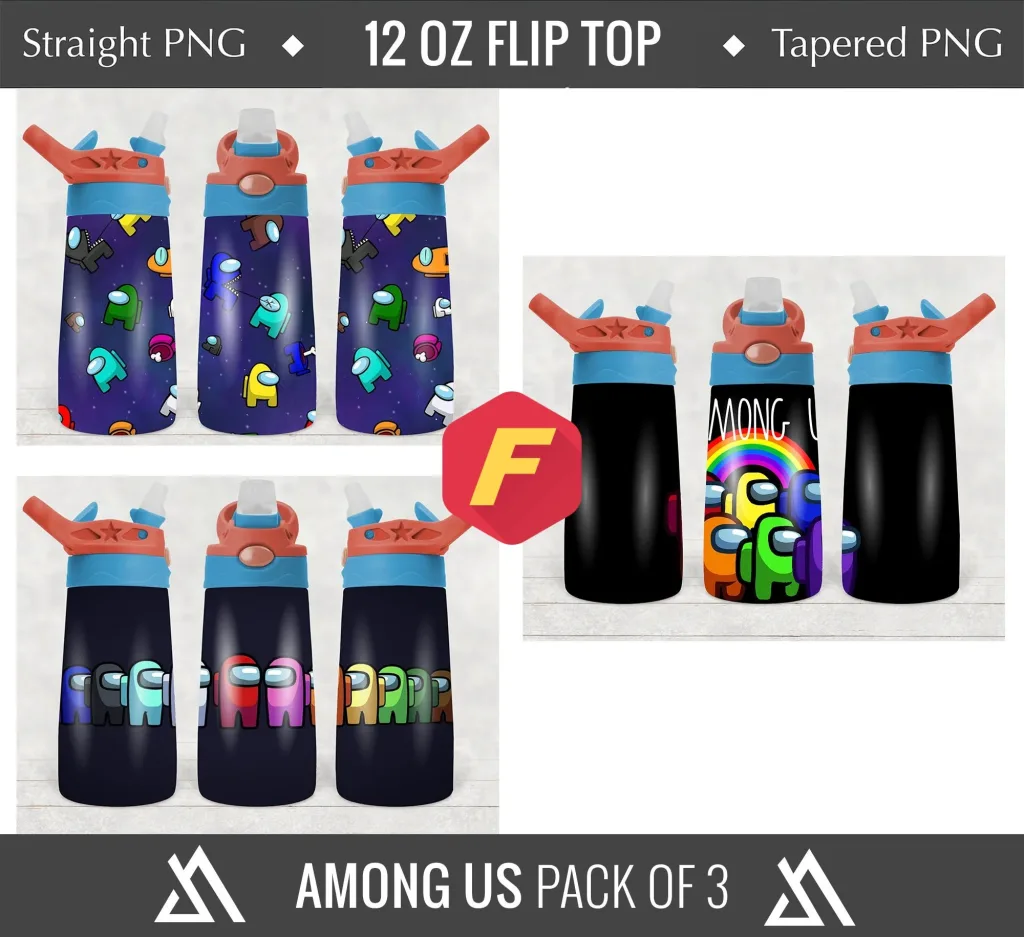 Free Among Us Pack of 3 - 12oz  Flip top Design, Flip Top Sippy cup Template for Sublimation, Tumbler Wrap, PNG Digital Download