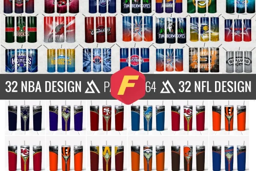 Free Pack of 64 (32 National Basketball Association (NBA)& 32 Football Teams (NFL) zipper package) 20oz Straight/Tapered Template for Sublimation