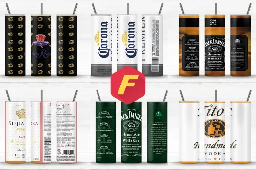 Free Alcohol Brands  Bundle 6 Designs 20oz Skinny Straight & Tapered Bundle, Bundle Template for Sublimation, Full Tumbler Wrap, PNG Download