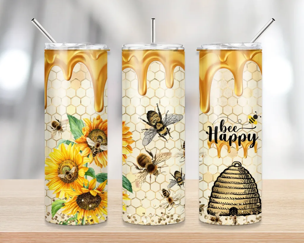 Free Fall Tumbler Design |Bee happy tumbler | Sunflower tumbler Sublimation Designs Downloads - 20 oz tumbler sublimation image Design,