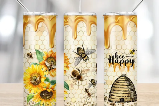 Free Fall Tumbler Design |Bee happy tumbler | Sunflower tumbler Sublimation Designs Downloads - 20 oz tumbler sublimation image Design,