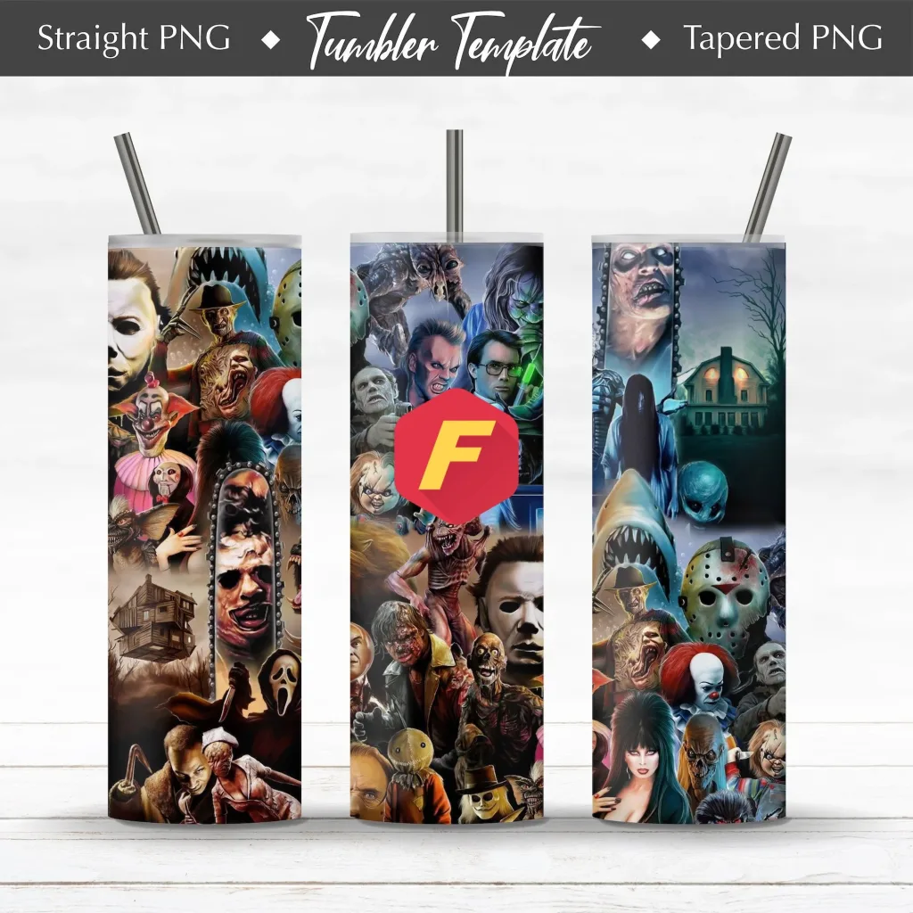 Free Horror Collage Poster Tumbler  20oz Straight / Tapered Glitter Design Template for Sublimation - Full Tumbler Wrap - PNG Download