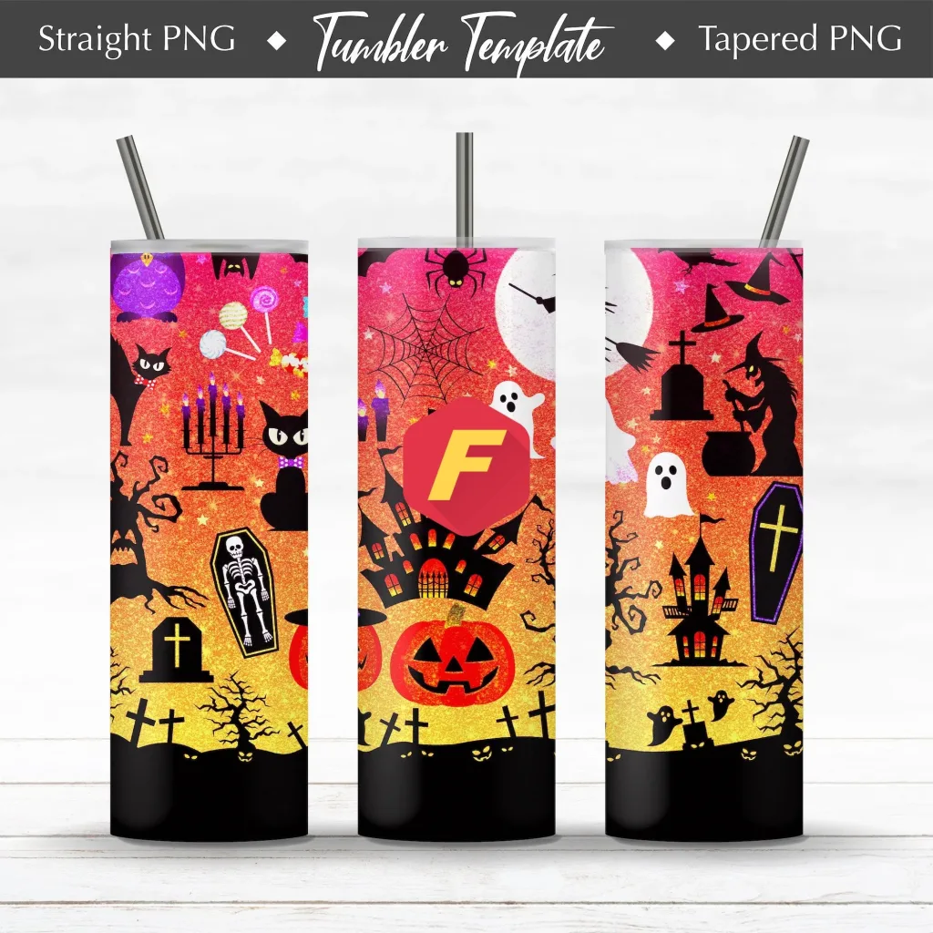 Free Halloween elements Poster Tumbler  20oz Straight / Tapered Glitter Design Template for Sublimation - Full Tumbler Wrap - PNG Download