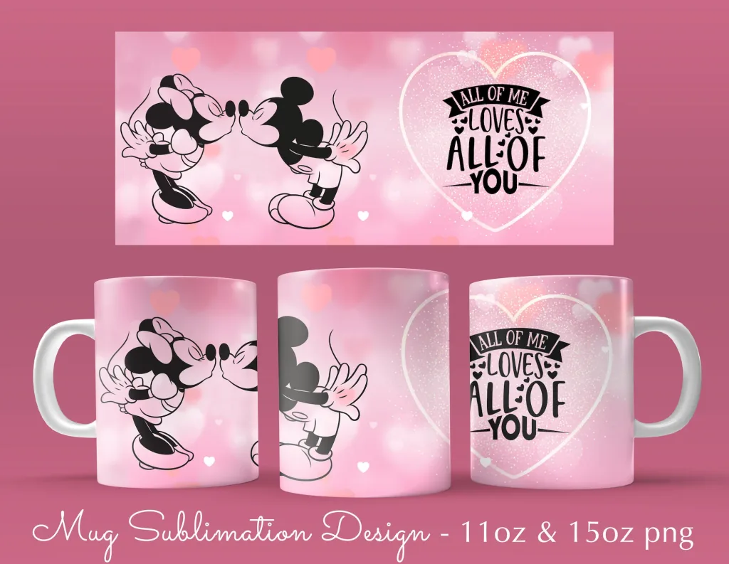 Free 11 & 15oz valentine mug Mickey and Minnie kiss love Coffee Mug Sublimation Template - Cricut Mug Press Wrap PNG valentines day wrap