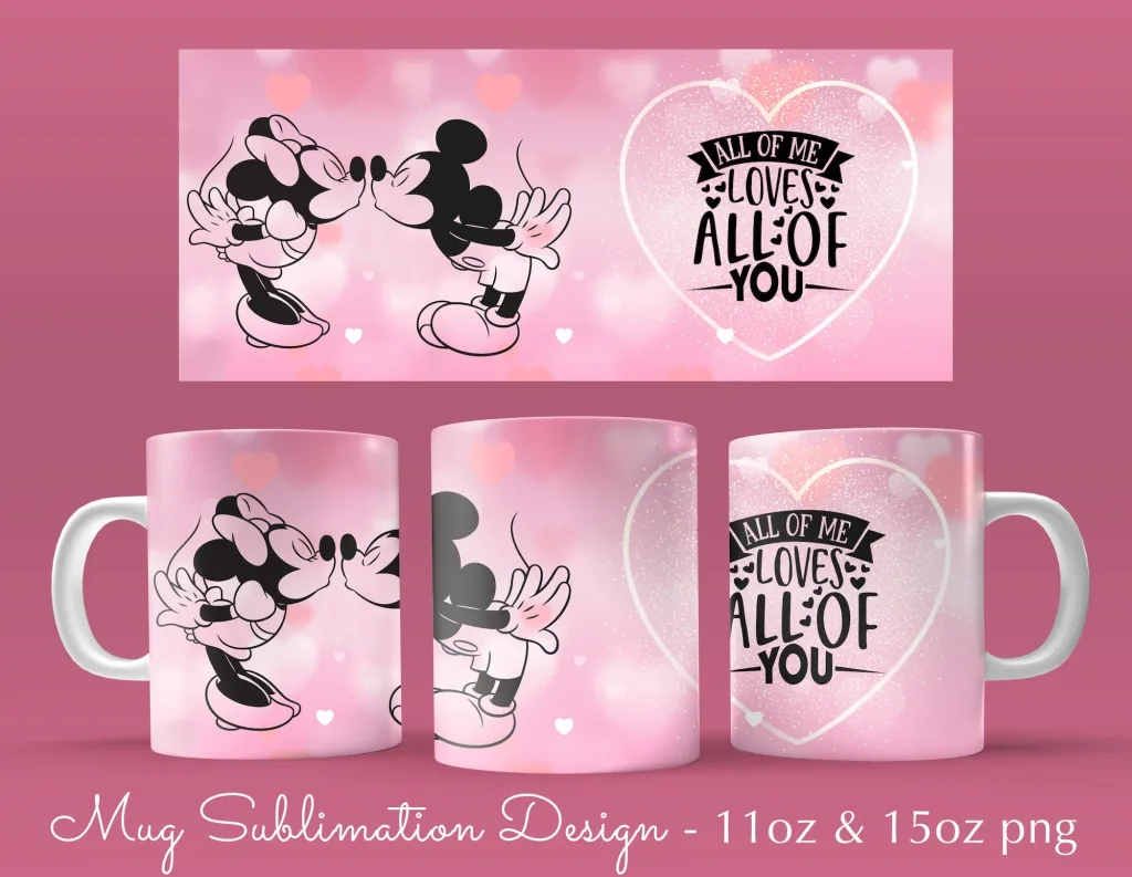 Free 11 & 15oz valentine Mickey and Minnie kiss love Coffee Mug Sublimation Template - Cricut Mug Press Wrap PNG valentines day wrap