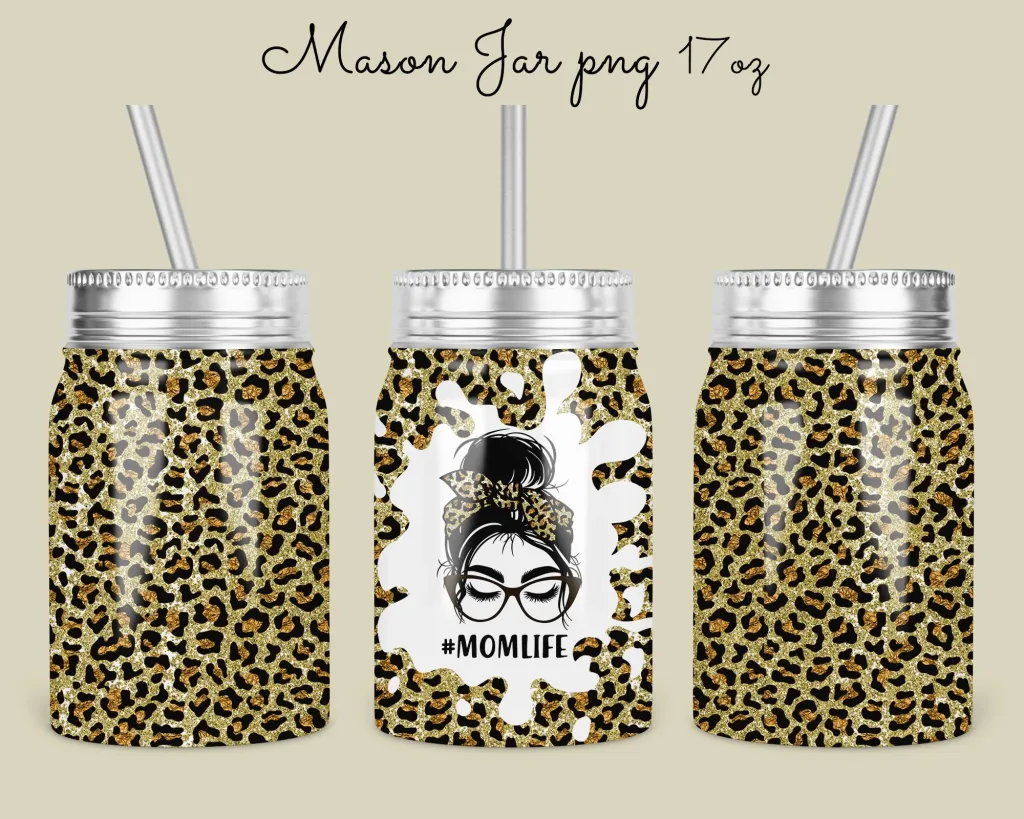 Free 17oz Mason Jar Tumbler Sublimation Design Template, Mom bun leopard Design, mom life sublimate Digital Instant Download PNG