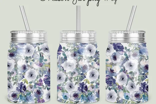 Free 17oz Mason Jar Tumbler Sublimation Design Template, floral Design, blue WaterColor jar Sublimate Digital Instant Download PNG