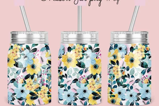 Free 17oz Mason Jar Tumbler Sublimation Design Template, yellow blue floral Jar Design to Sublimate Digital Instant Download PNG