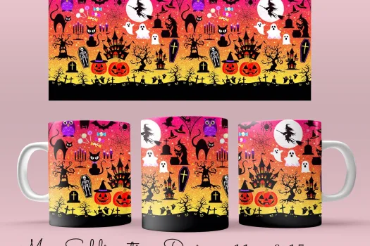 Free 11oz & 15oz colorful Halloween Elements Coffee Mug Sublimation Template - Cricut Mug Press Sublimation design Wrap - Mug PNG download 2022