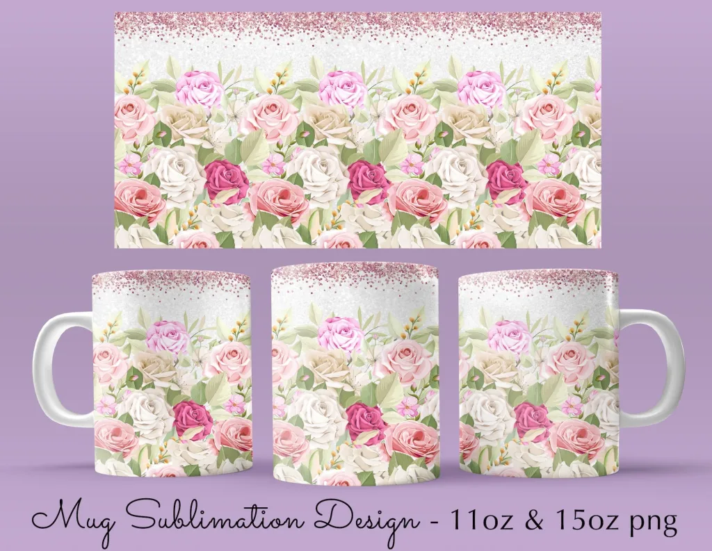 Free 11oz & 15oz Pink Floral glitter Mug Sublimation Template - Cricut Mug Press Sublimation designs Wrap - floral Mug PNG download 2022
