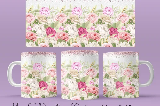 Free 11oz & 15oz Pink Floral glitter Mug Sublimation Template - Cricut Mug Press Sublimation designs Wrap - floral Mug PNG download 2022