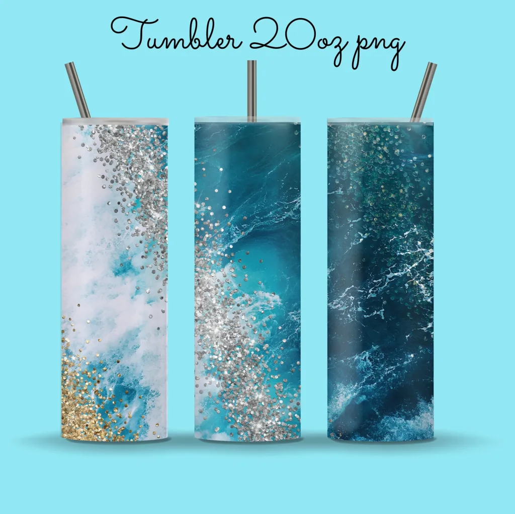 Free 20oz skinny tumbler sublimation png | Sublimation Designs Downloads ocean glitter beautiful design straight tapered full tumbler wrap